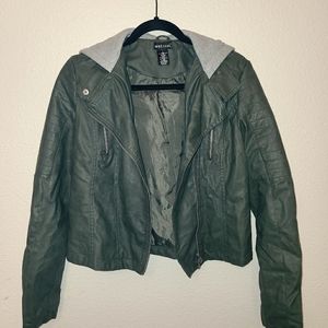 Faux Leather Dark Green Cropped Moto Jacket Large